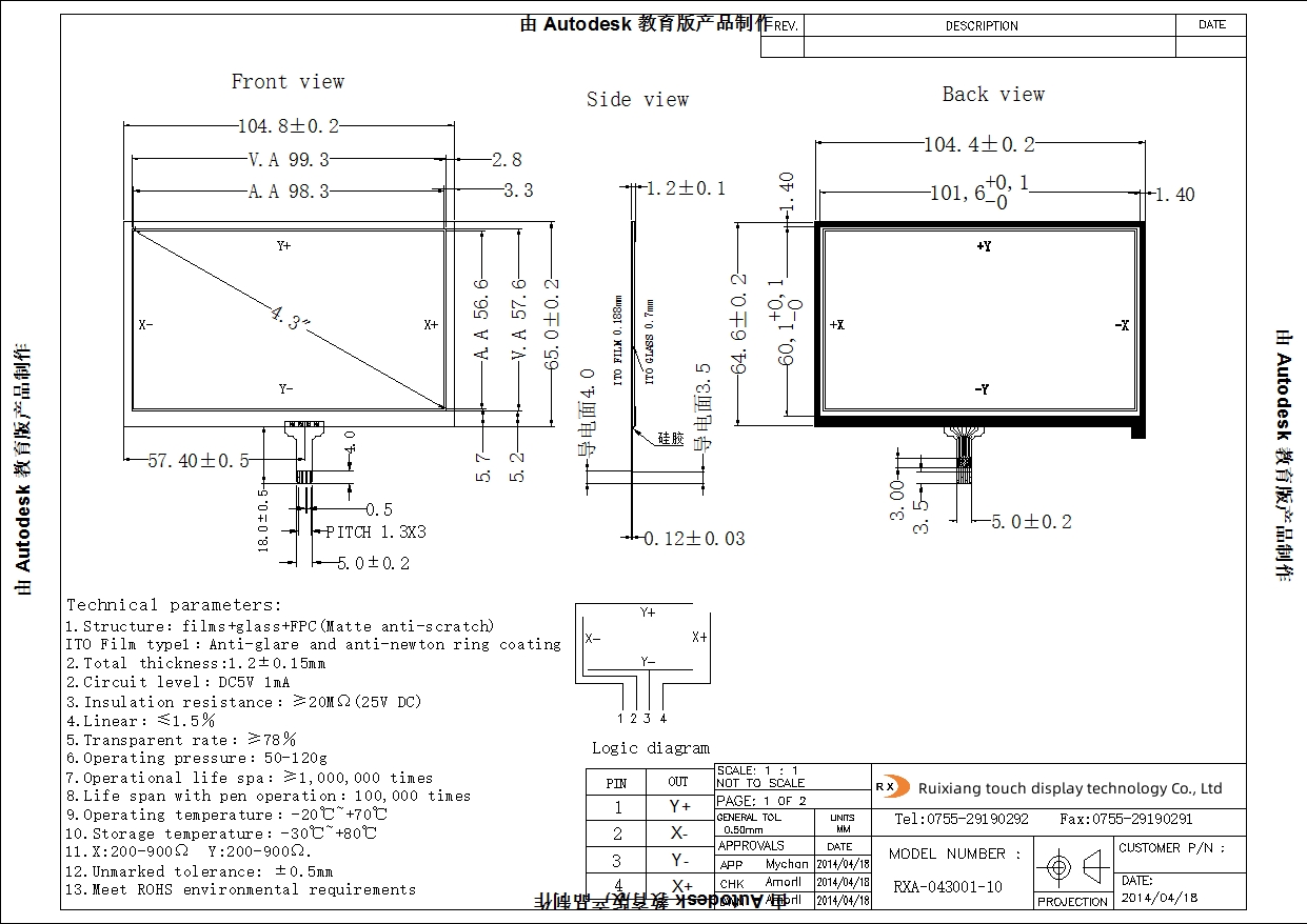 1 resistive touch screen overlay