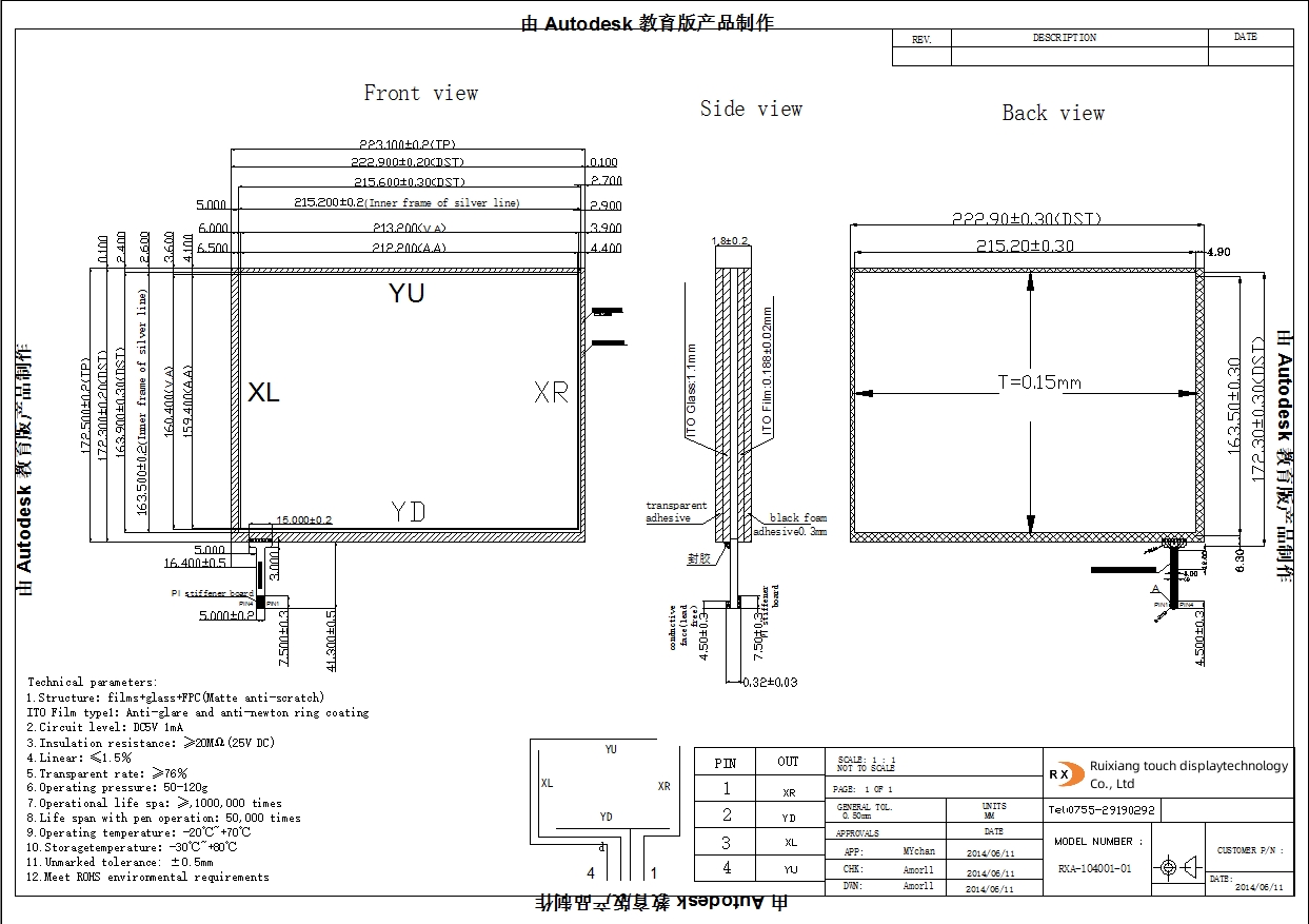 1 touch screen glass